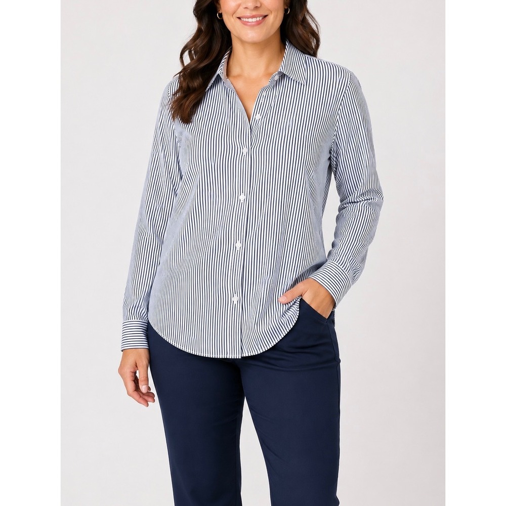 Charter Club Polished Shirt Womens 6 Navy White Striped Tailored Fit NWT Office